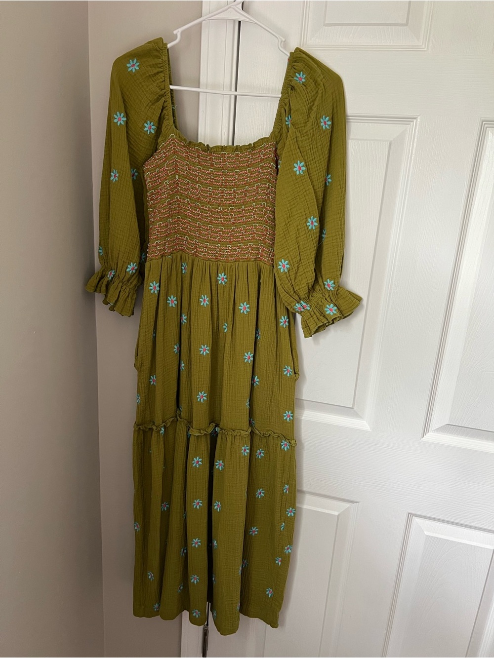 Olive Green Floral Smocked Midi Dress